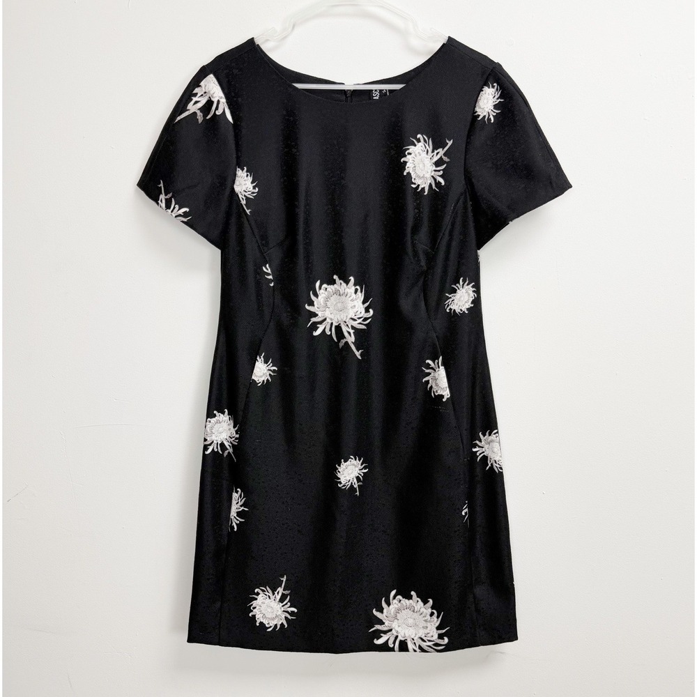 Yoana Baraschi Dress Womens 12 Black White Floral Short Sleeve Pockets